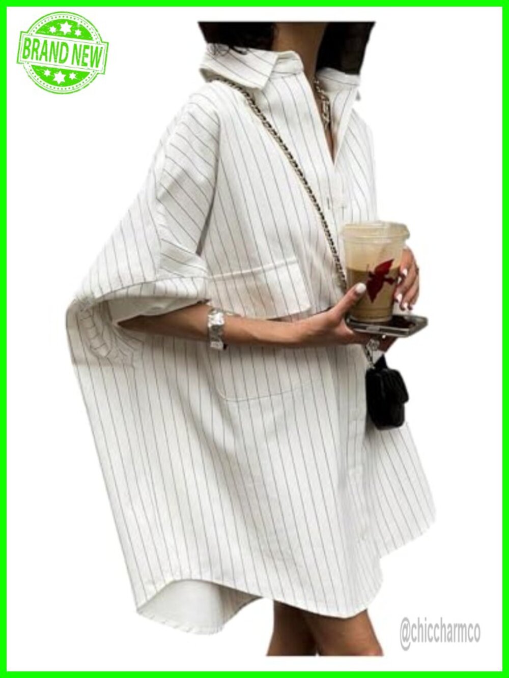 Oversized Button Down Striped Long Sleeve Blouse V-Neck Collared Tunic